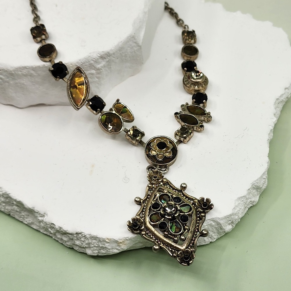 Vintage Silver Tone Iridescent Shell Floral Rhinestone Pendant Necklace Gothic